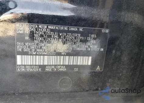 2010 Toyota Rav4 Sport from USA, damaged, VIN 2T3WF4DV9AW025322